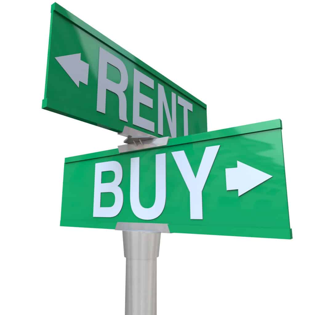 Green signposts labelled Rent and Buy pointing in different directions